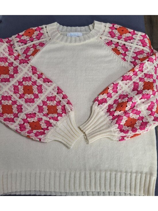 Bunulu Sweaters - BUNULU Women's XL Rose Crochet Puff Sleeve Knit Sweater Boho Hippie Cottagecore
